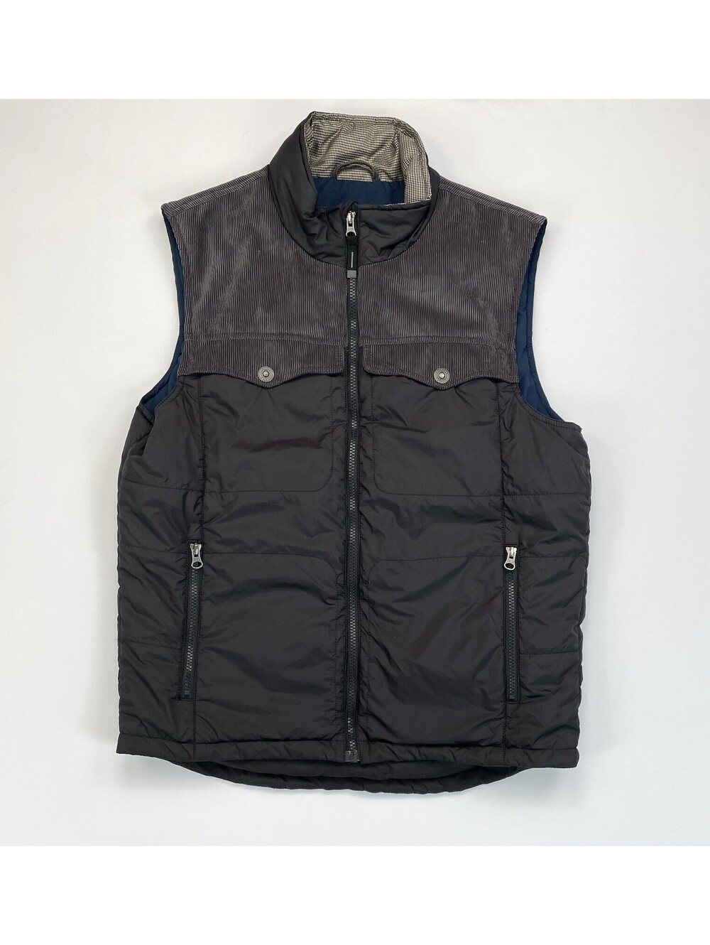 PRANA Hoffman Vest Mens Black Gray Med Puffer Insulated Corduroy Yoke Outdoor M
